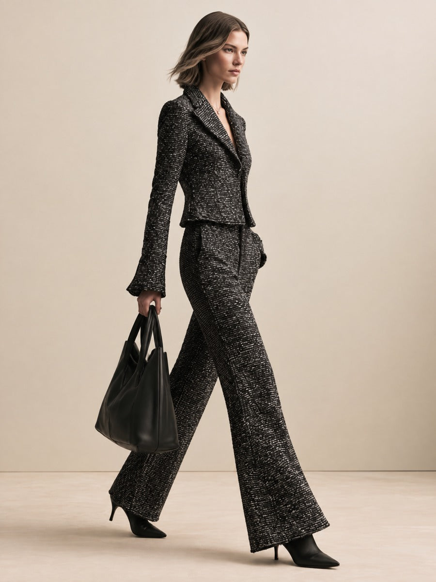 Women's Tweed Notched Collar Black Blazer