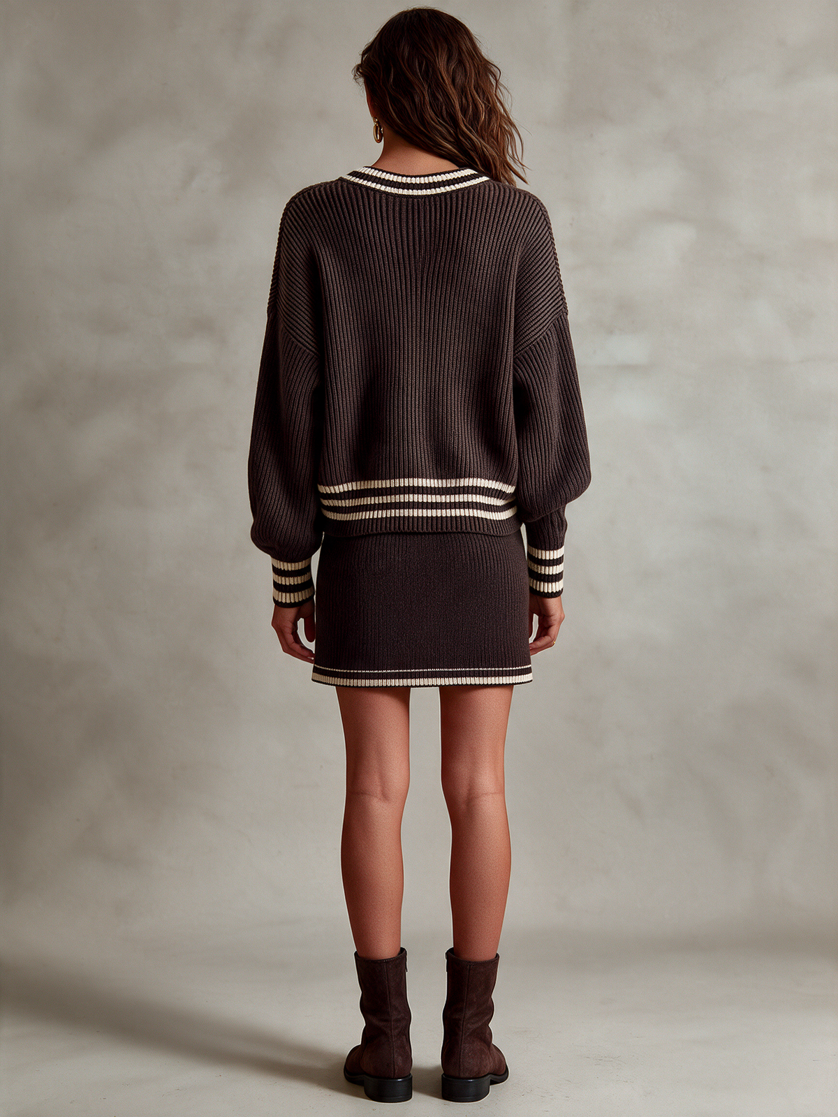 Women's V-Neck Contrast Stripe Knit Sweater & Mini Skirt Set