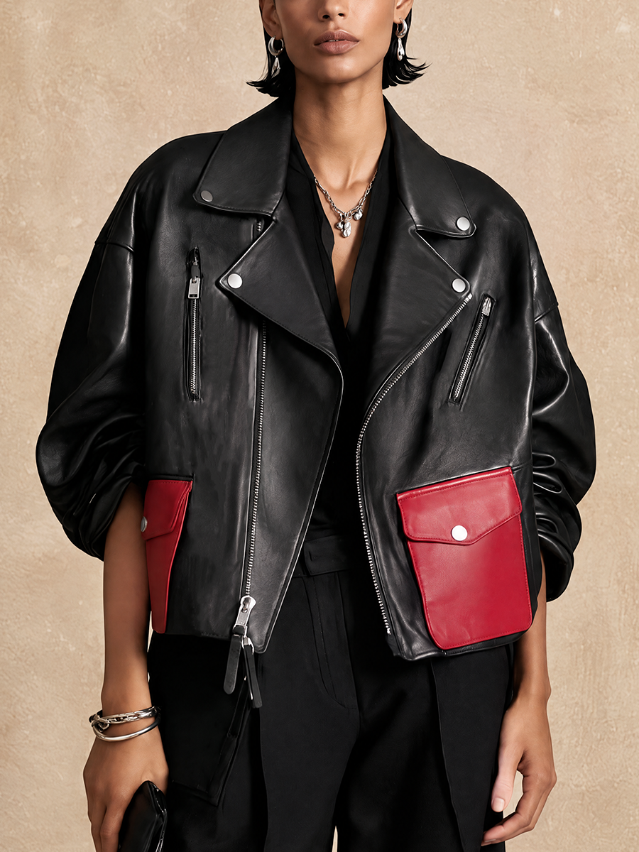 Women's Contrast Pocket Fashion Lapel Leather Jacket