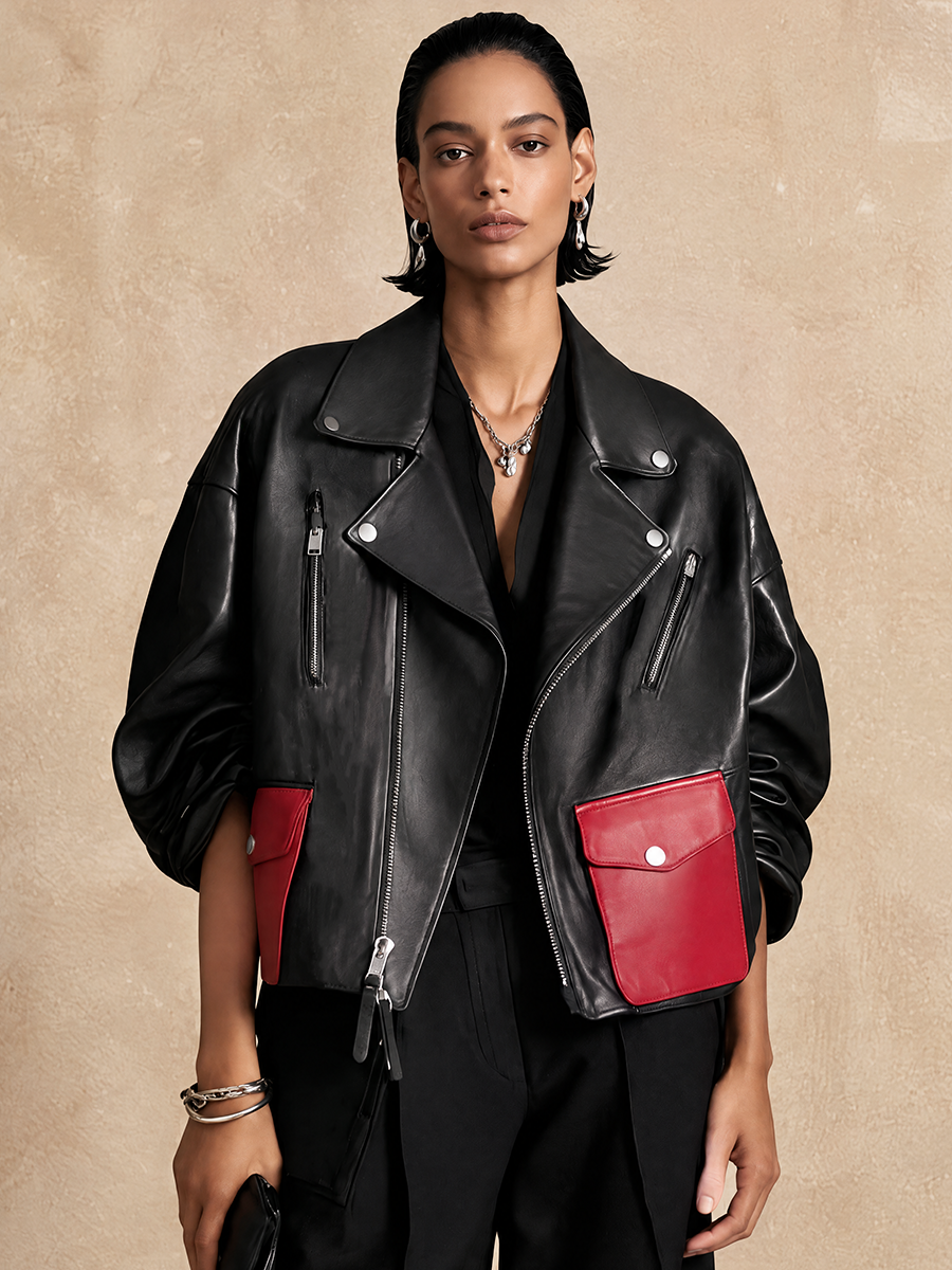 Women's Contrast Pocket Fashion Lapel Leather Jacket