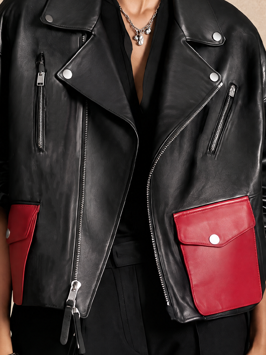 Women's Contrast Pocket Fashion Lapel Leather Jacket
