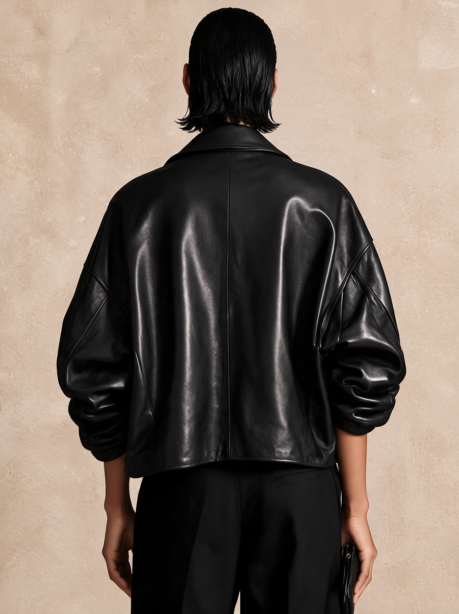 Women's Contrast Pocket Fashion Lapel Leather Jacket
