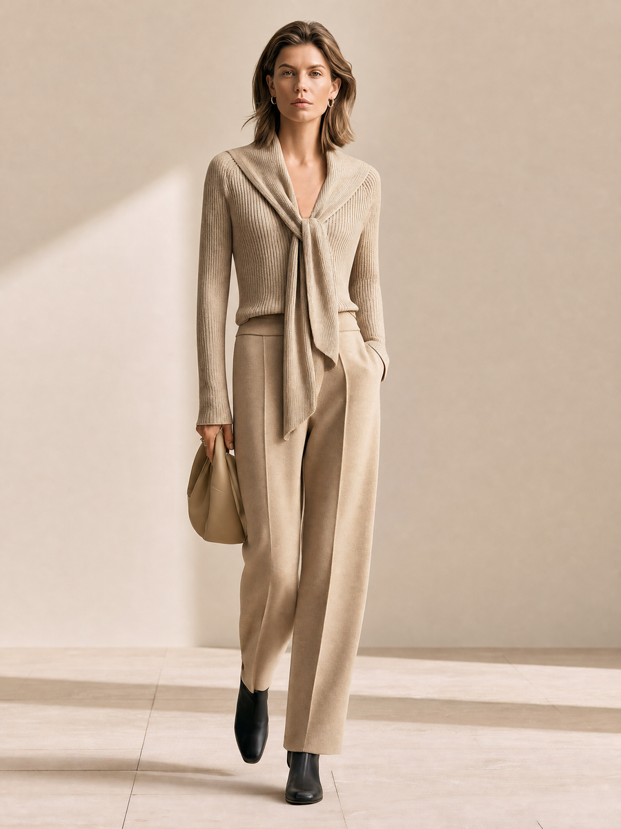 Women's High-Waisted Wide-Leg Beige Pants