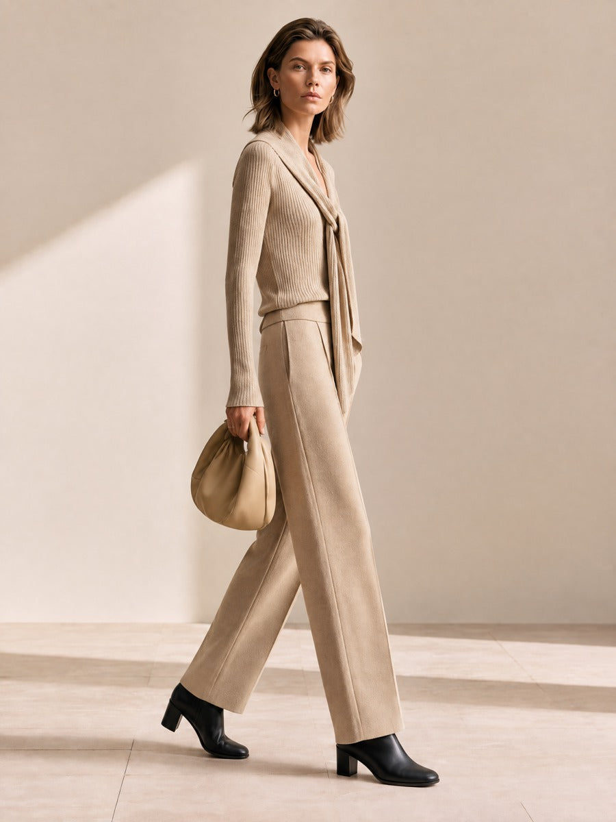 Women's Tie-Neck Ribbed Knit Sweater & Wide-Leg Trousers Two-Piece Set
