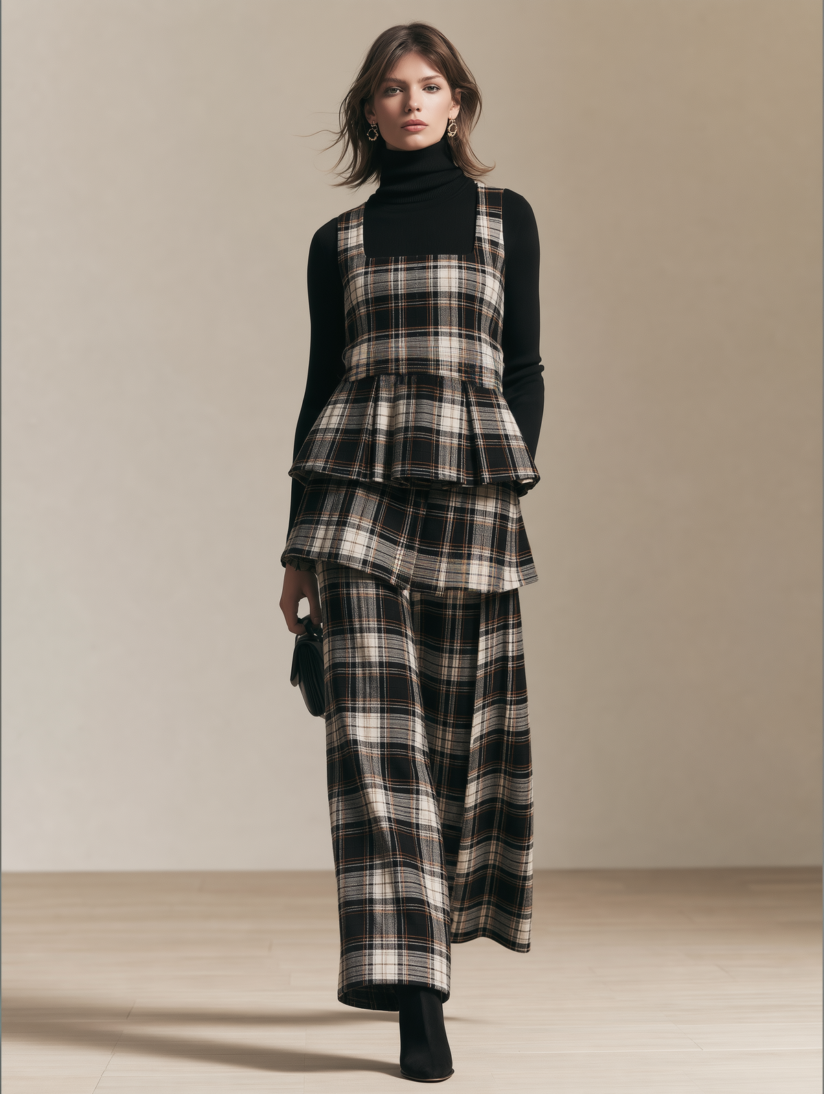 Women's Fitted Top And Plaid Suspender Pants Set