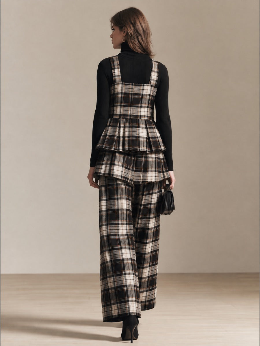Women's Fitted Top And Plaid Suspender Pants Set