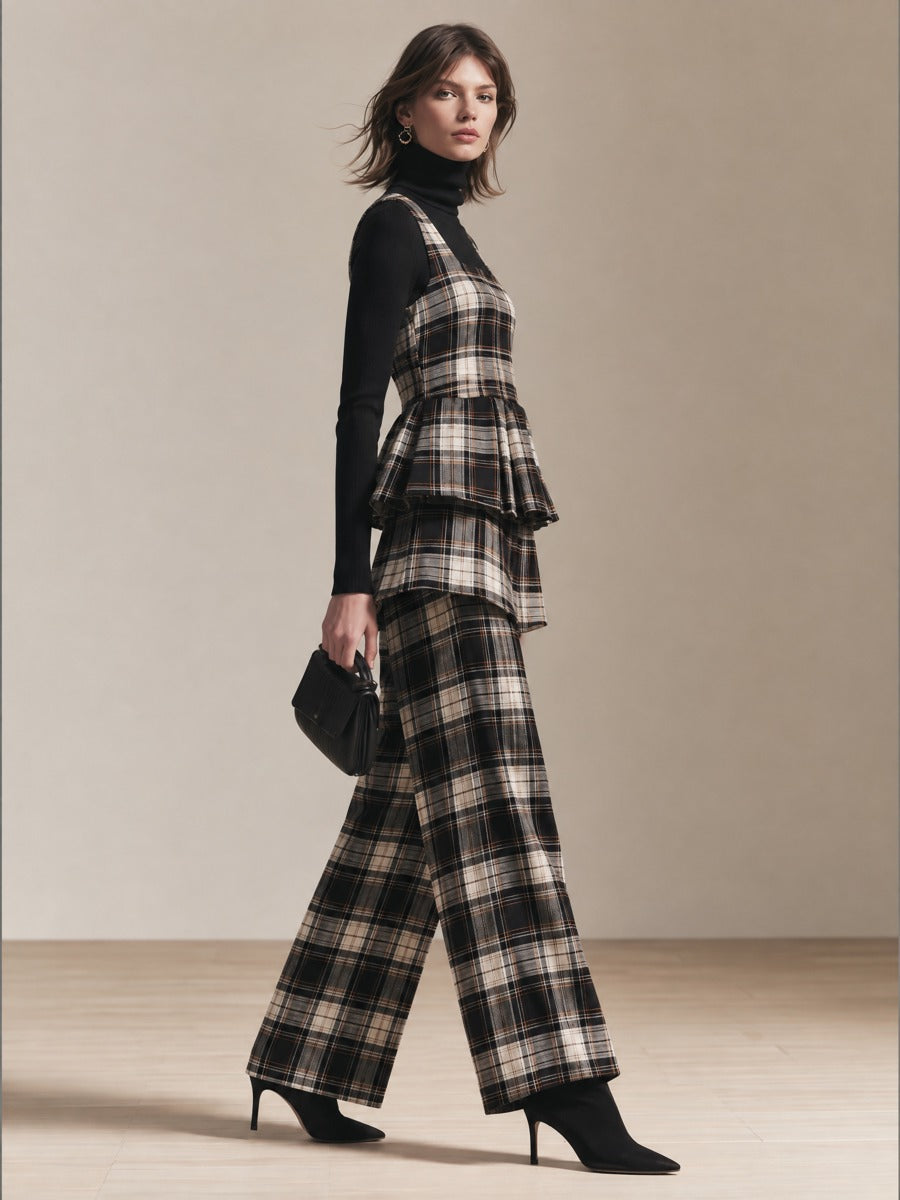 Women's Fitted Top And Plaid Suspender Pants Set