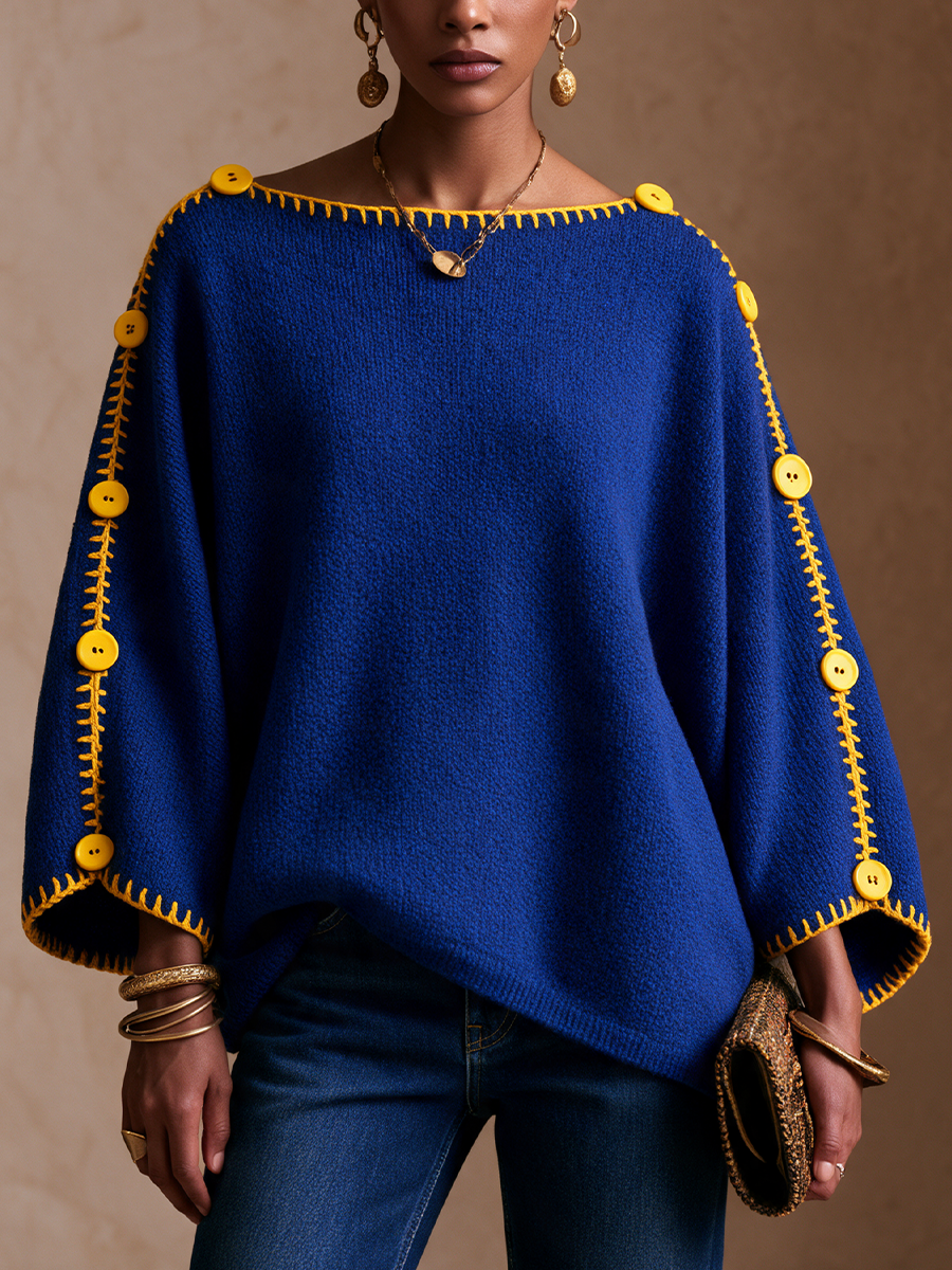 Women's Contrast Stitch Button Casual Long Sleeve Sweater