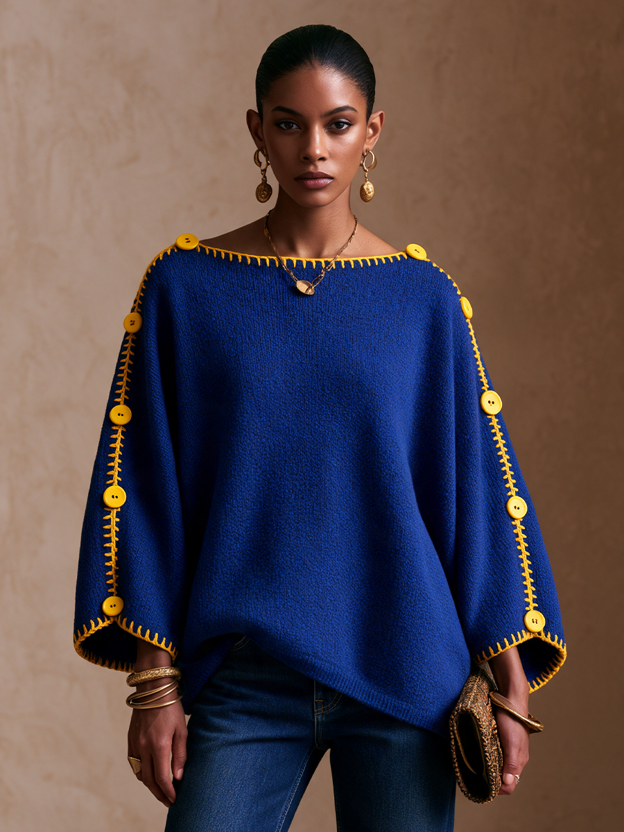 Women's Contrast Stitch Button Casual Long Sleeve Sweater