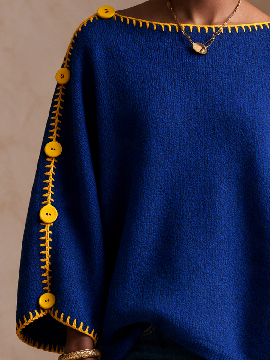 Women's Contrast Stitch Button Casual Long Sleeve Sweater