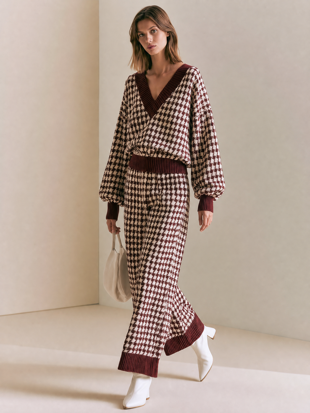 Women's Houndstooth Ribbed Trim Burgundy Set