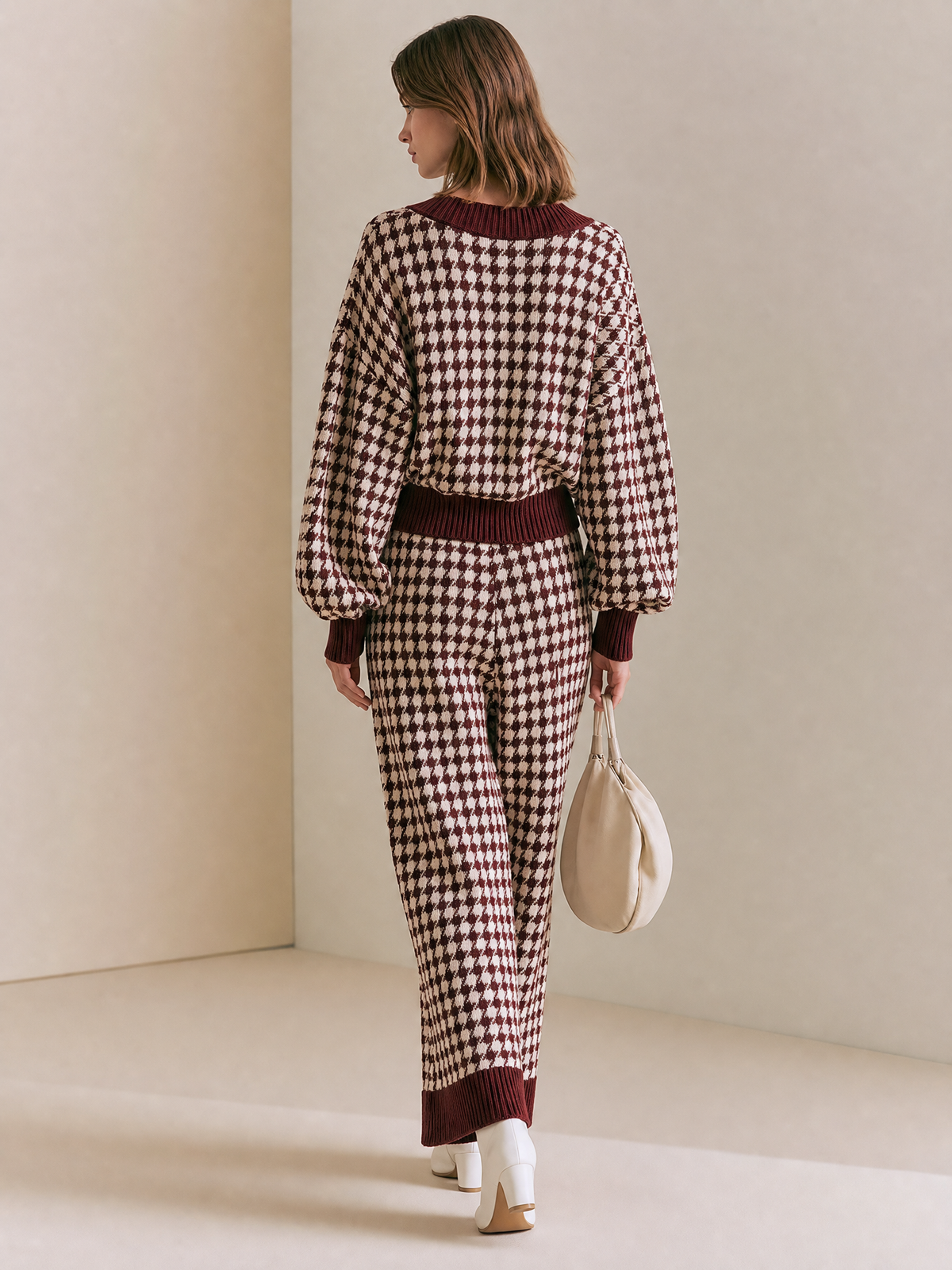 Women's Houndstooth Ribbed Trim Burgundy Set