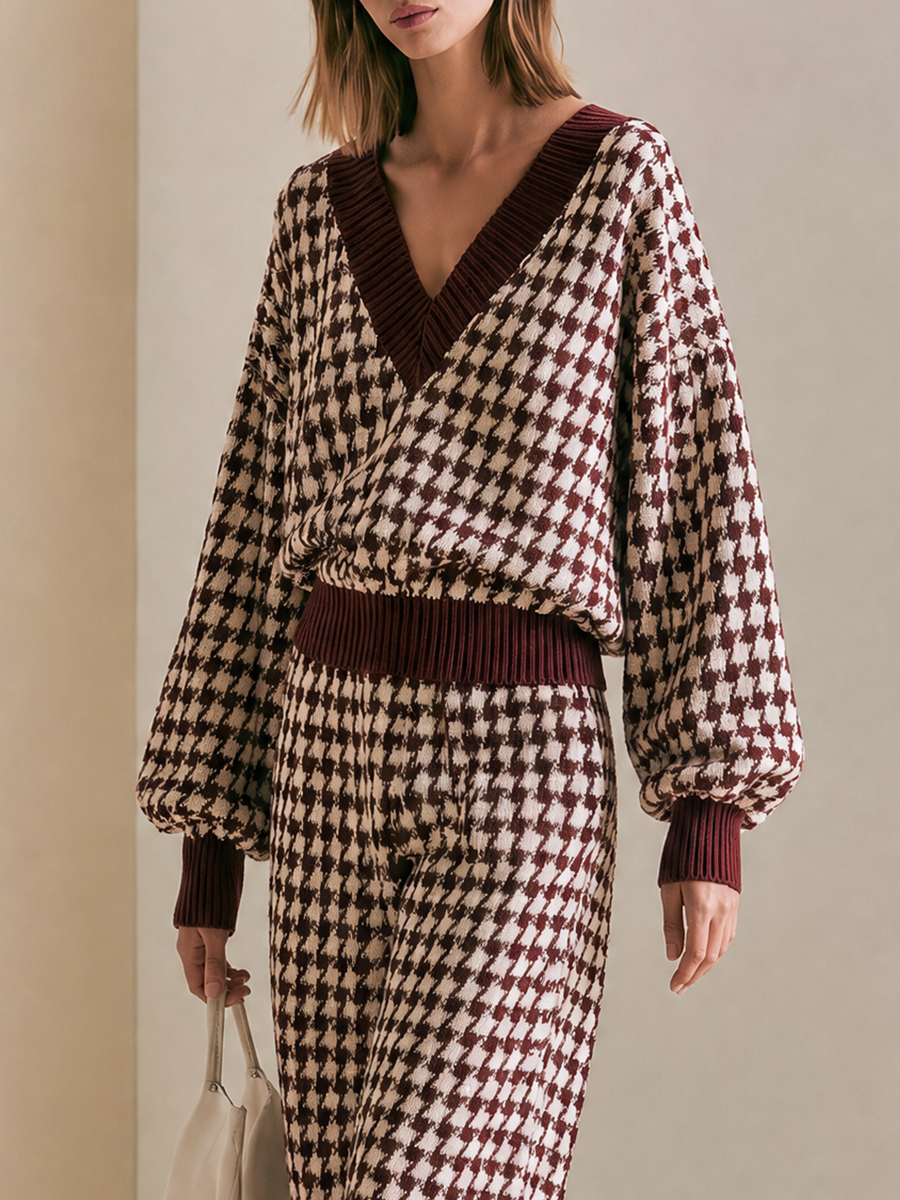 Women's Houndstooth Ribbed Trim Burgundy Set