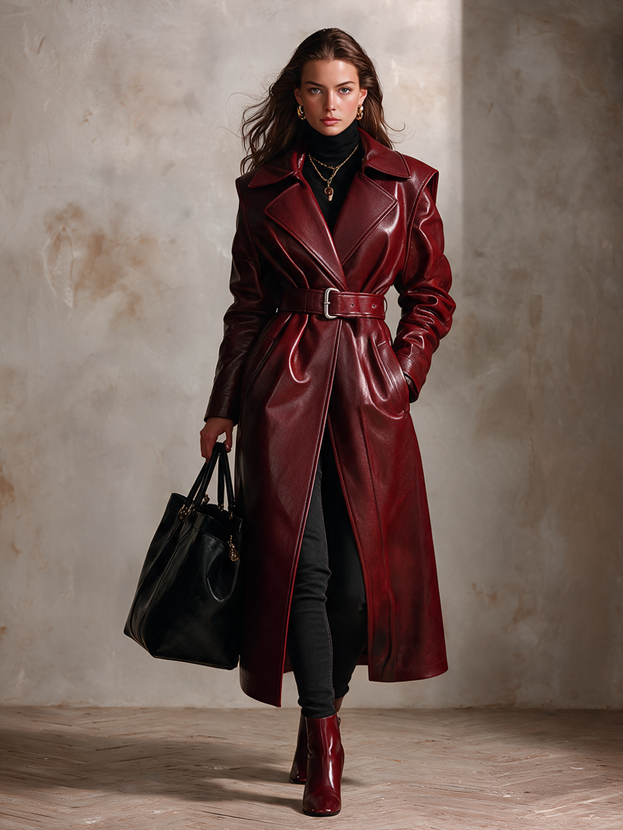 Women's Long Leather Trench Coat With Lapel And Belt