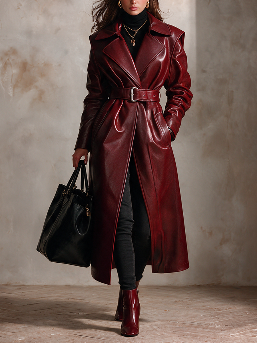 Women's Long Leather Trench Coat With Lapel And Belt