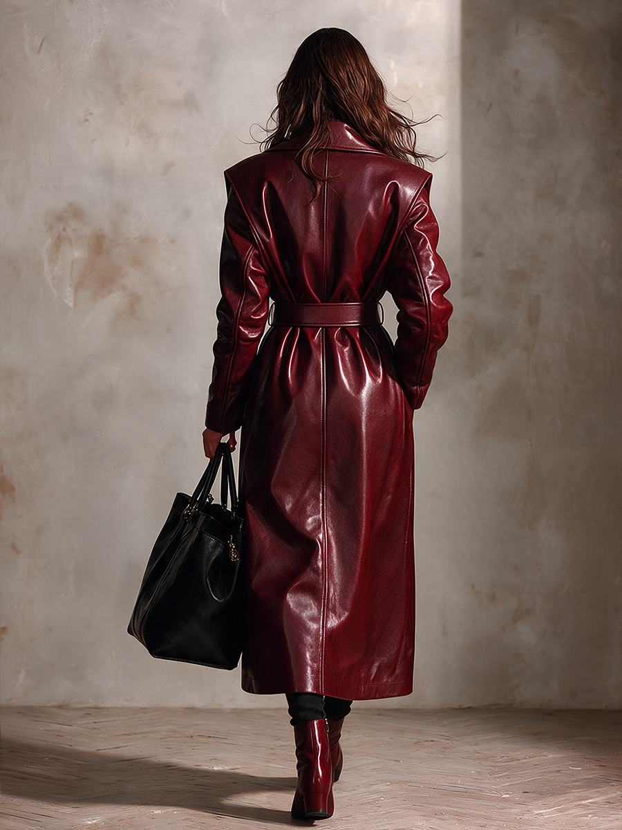 Women's Long Leather Trench Coat With Lapel And Belt