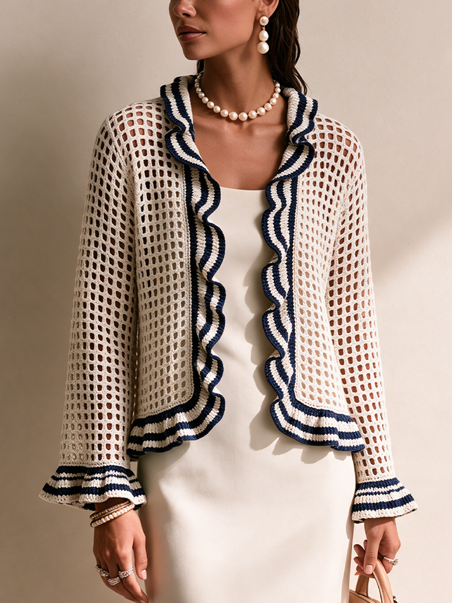 Women's Striped Ruffle Elegant Crochet Cardigan
