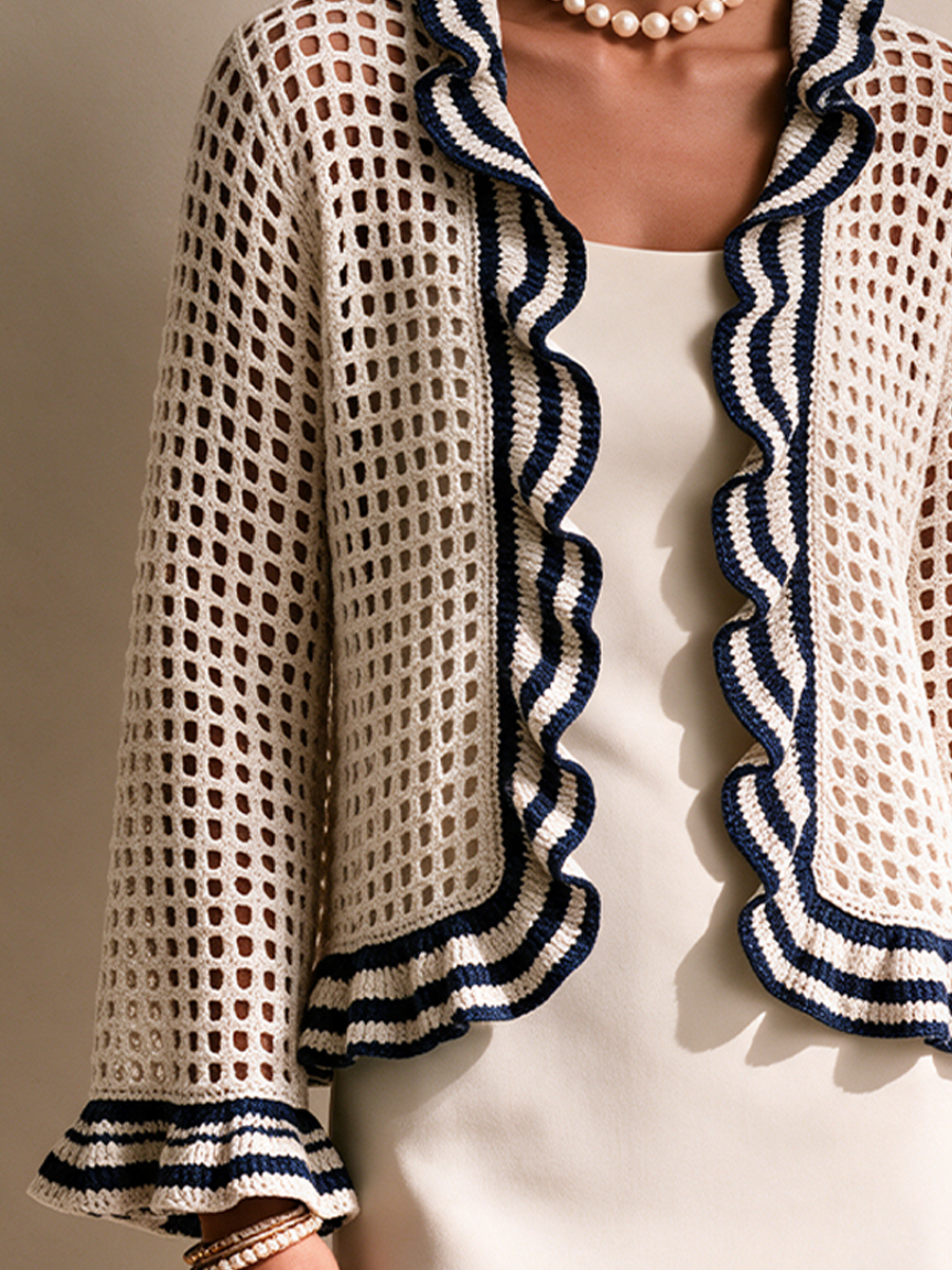 Women's Striped Ruffle Elegant Crochet Cardigan
