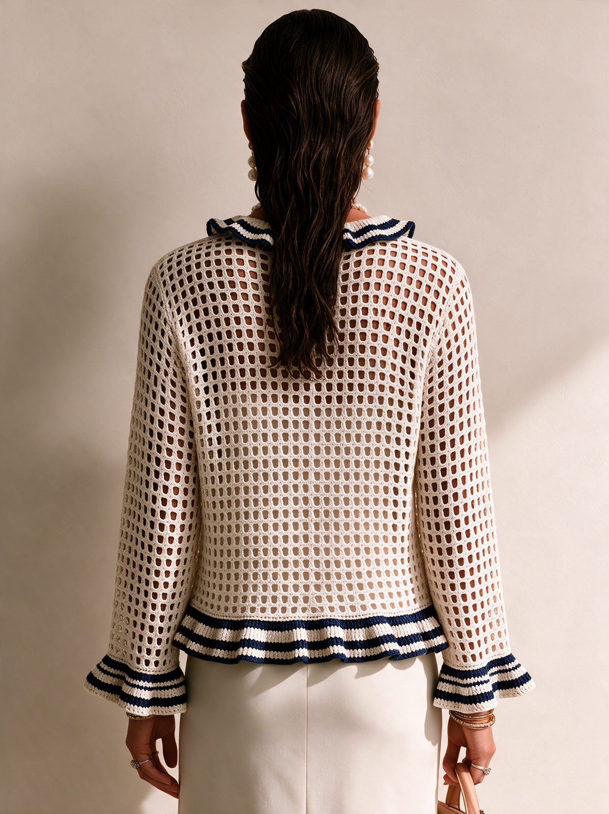 Women's Striped Ruffle Elegant Crochet Cardigan