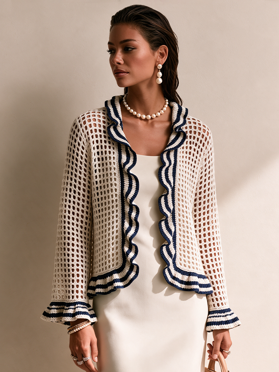 Women's Striped Ruffle Elegant Crochet Cardigan
