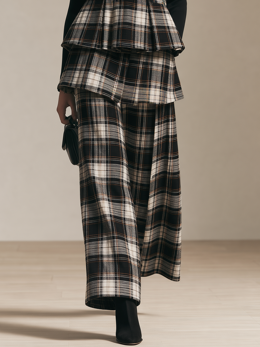 Women's Fitted Top And Plaid Suspender Pants Set