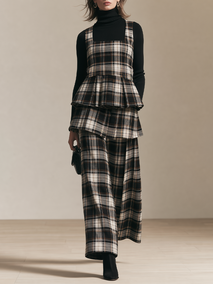 Women's Fitted Top And Plaid Suspender Pants Set