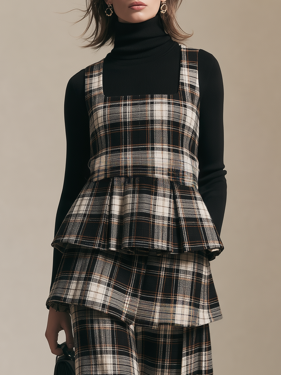 Women's Fitted Top And Plaid Suspender Pants Set
