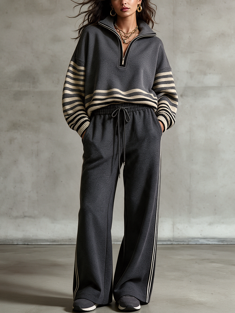 Women's Half-Zip Stripe Panel Sweatshirt & Wide-Leg Pant Set