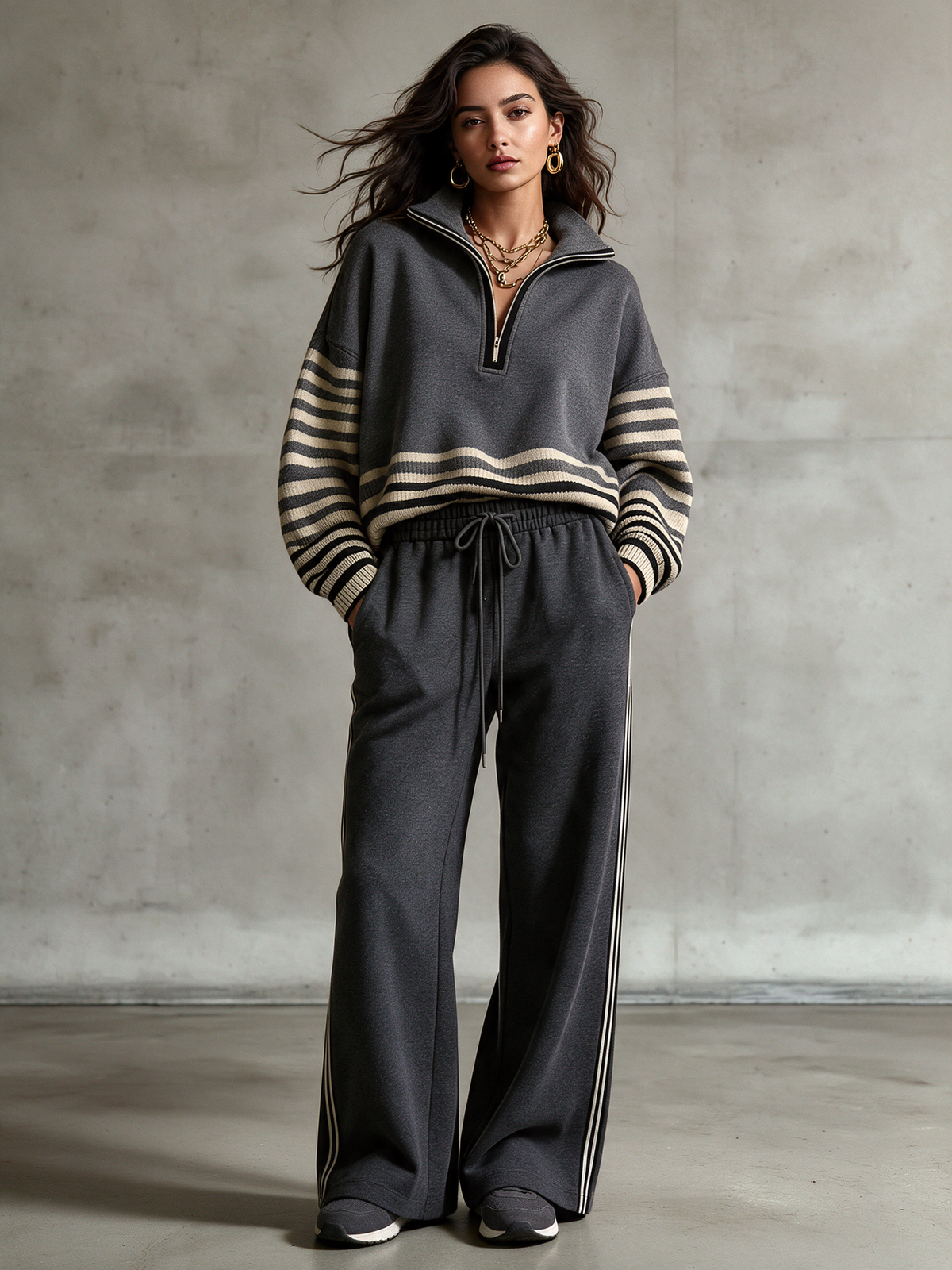 Women's Half-Zip Stripe Panel Sweatshirt & Wide-Leg Pant Set