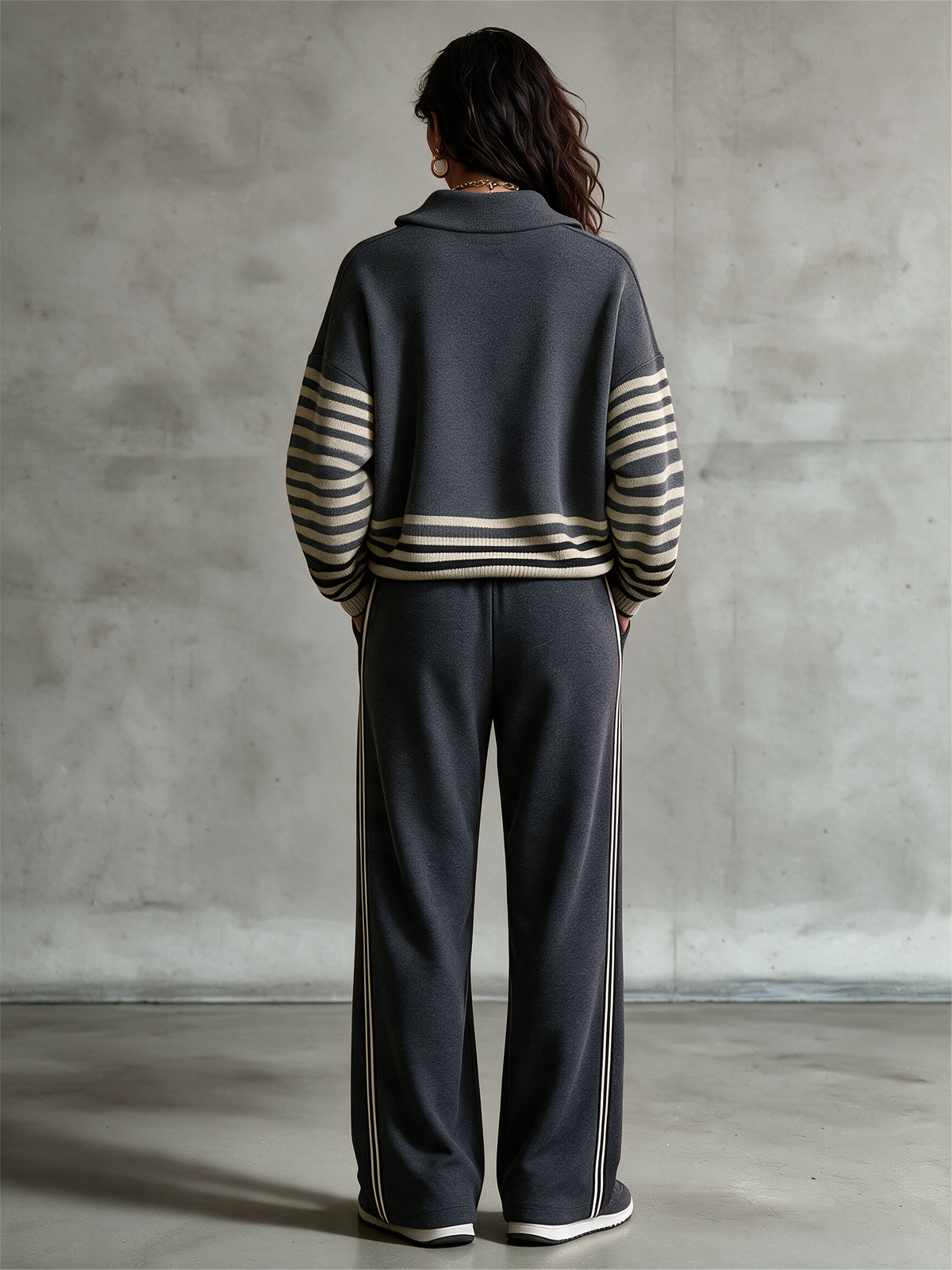 Women's Half-Zip Stripe Panel Sweatshirt & Wide-Leg Pant Set