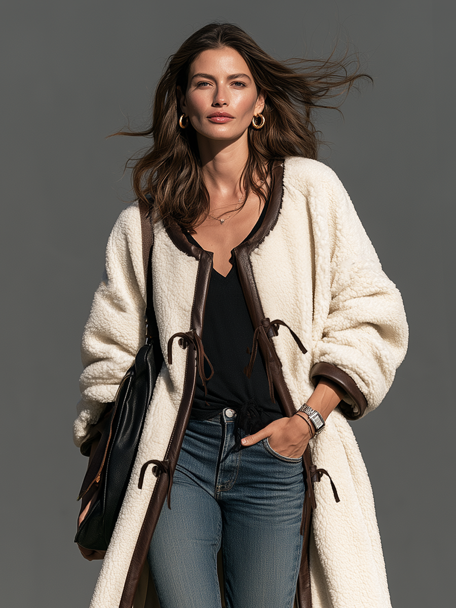 Women's Casual Off-White Fleece And Leather Panel Long-Sleeve Jacket