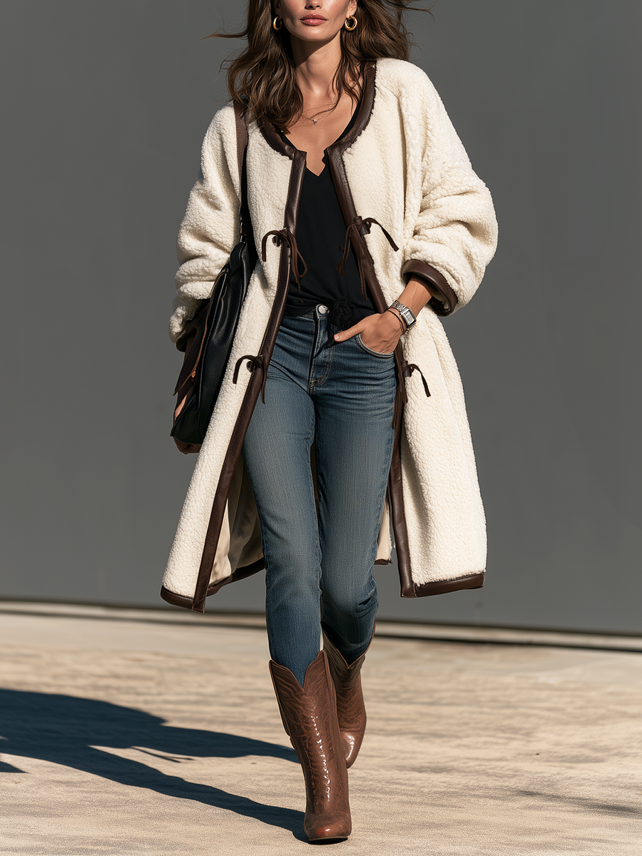 Women's Casual Off-White Fleece And Leather Panel Long-Sleeve Jacket