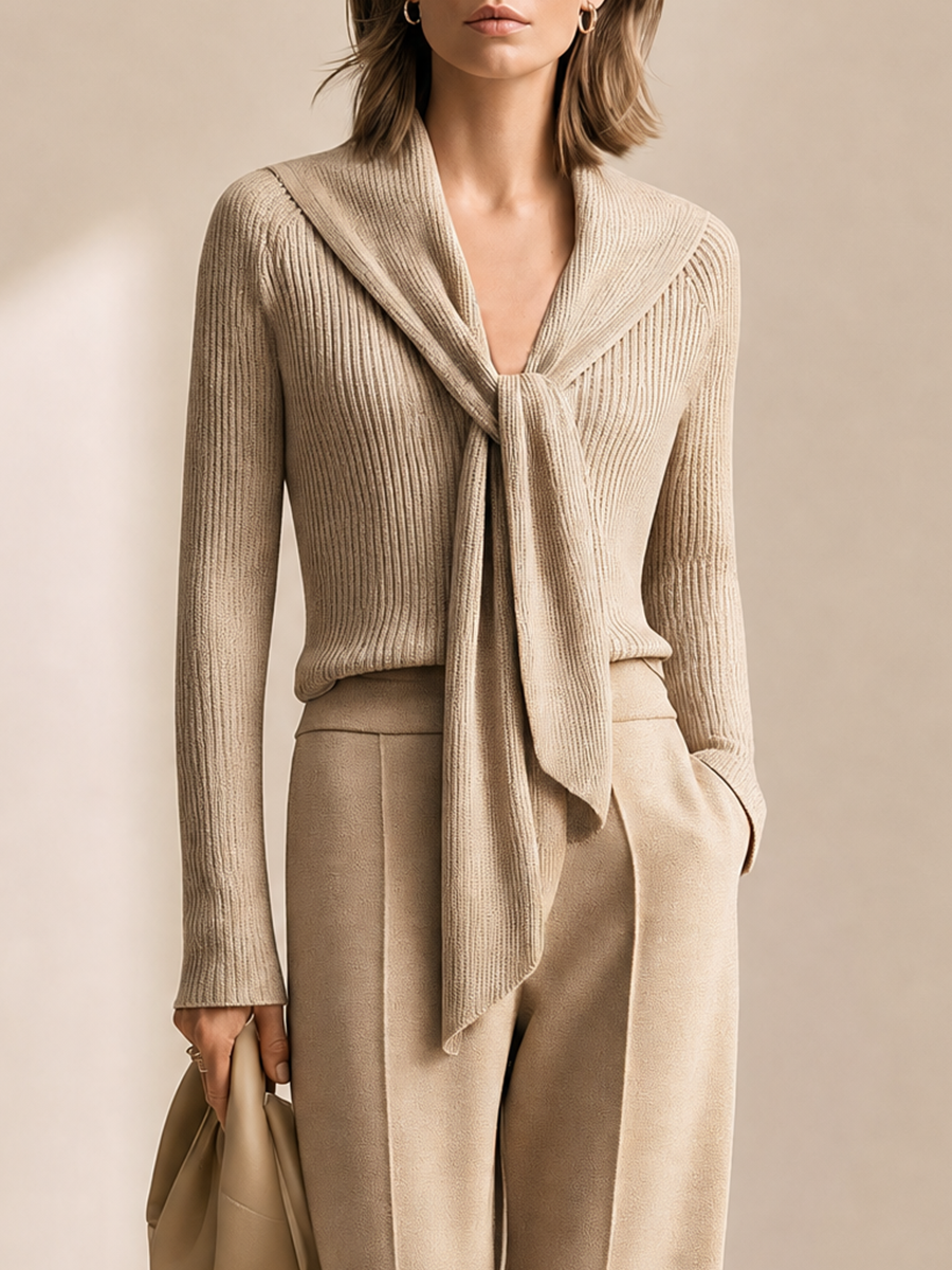 Women's Shawl Collar Tie Front Beige Knit Top