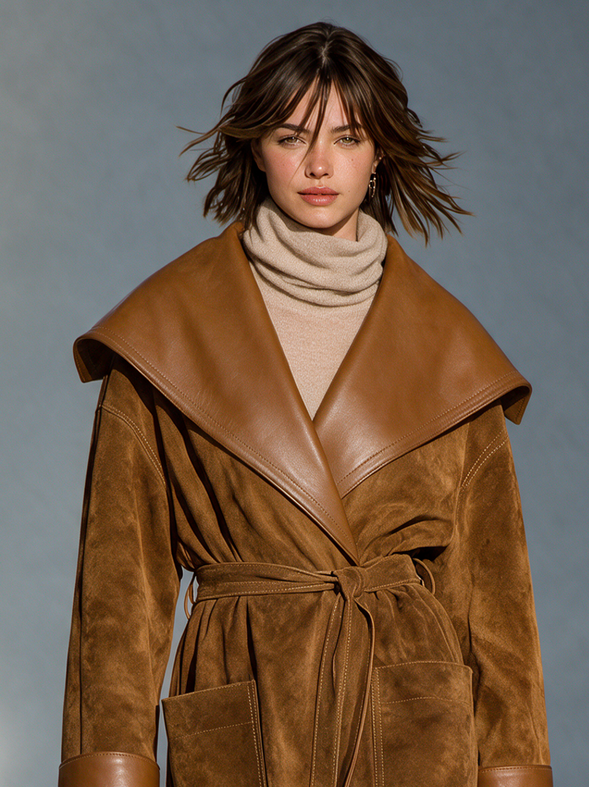 Women's Vintage-style Suede Coat With Leather-look Lapel And Paneling