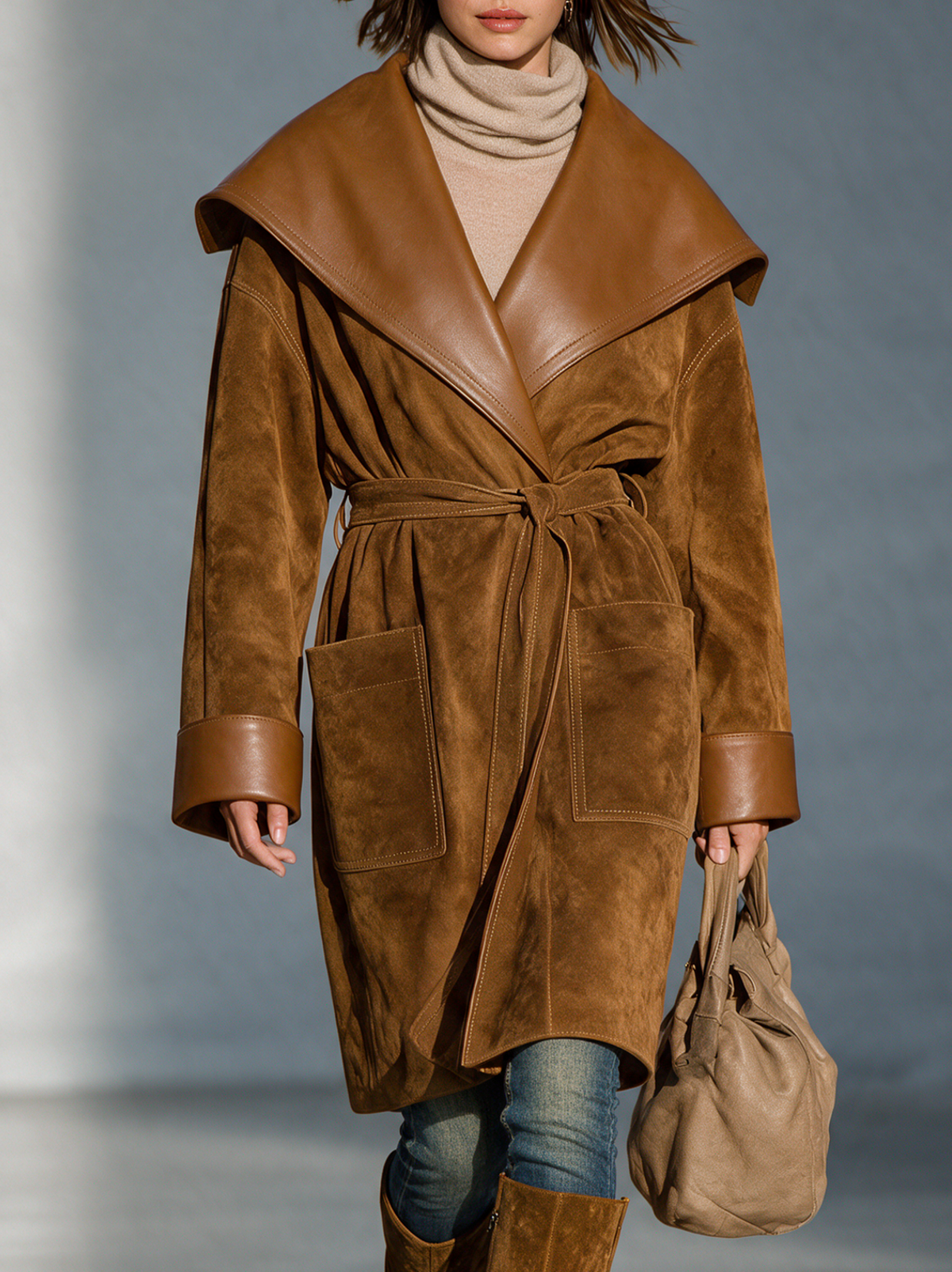 Women's Vintage-style Suede Coat With Leather-look Lapel And Paneling