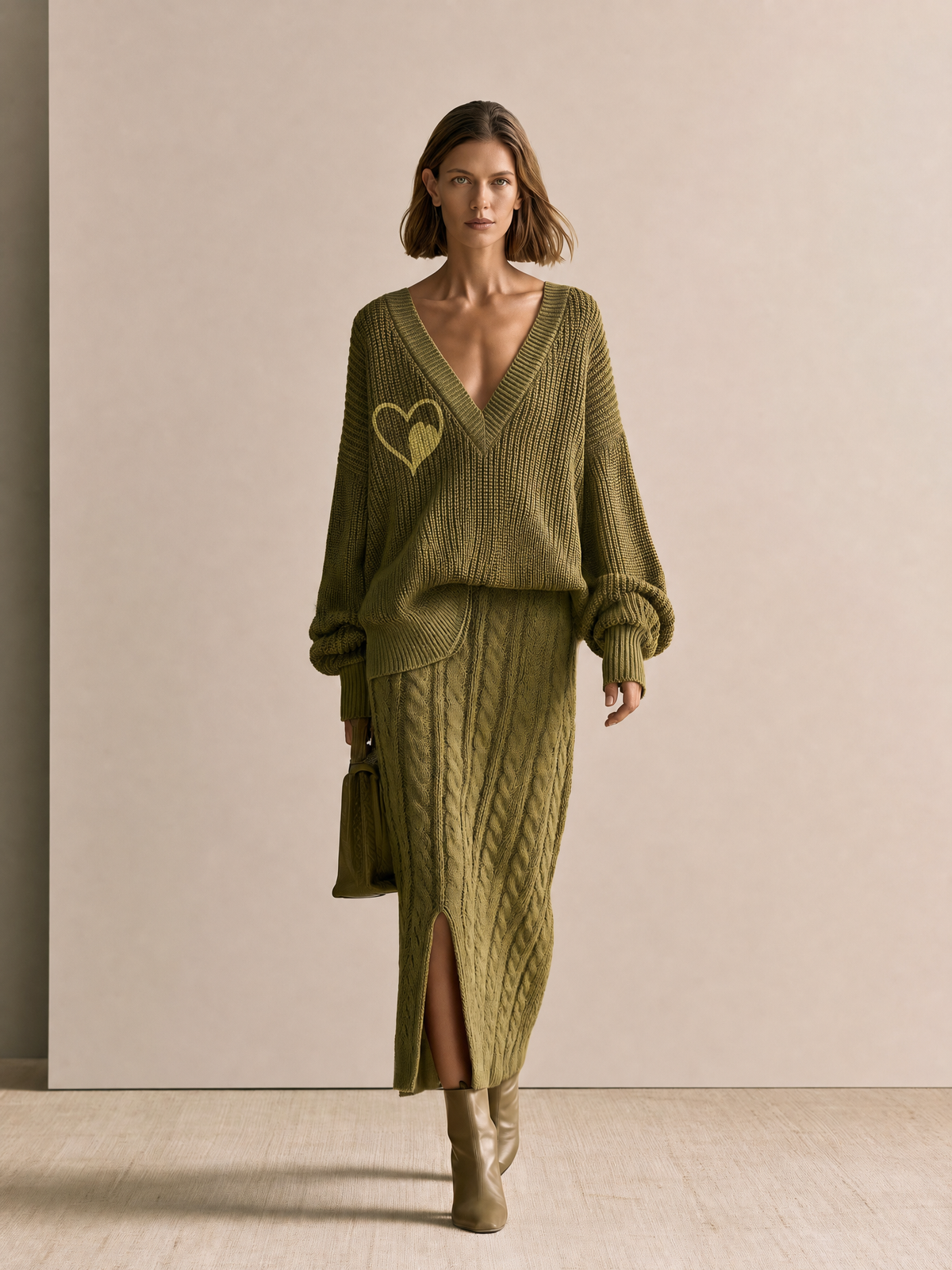 Women's Cable Knit Olive Green Midi Skirt