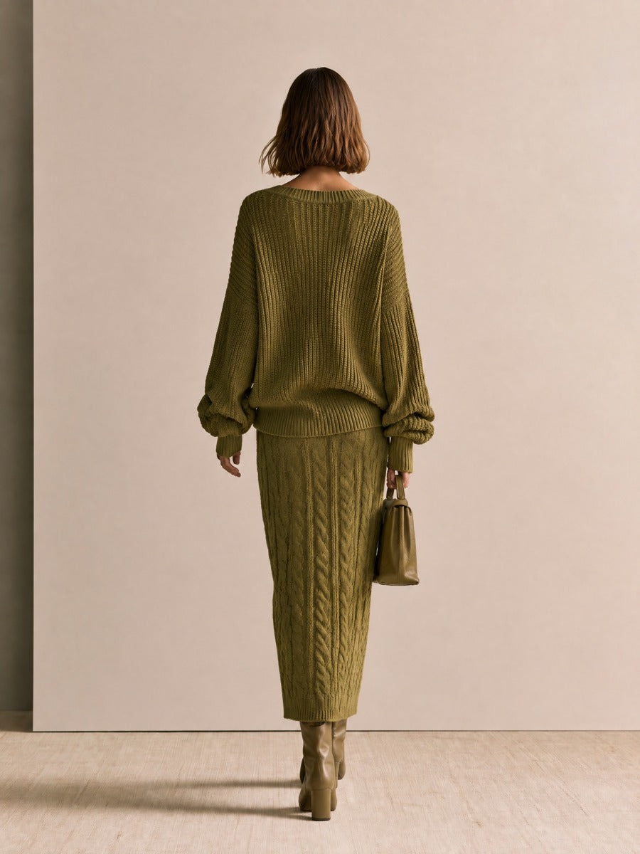Women's Heart Detail V-Neck Olive Knit Sweater