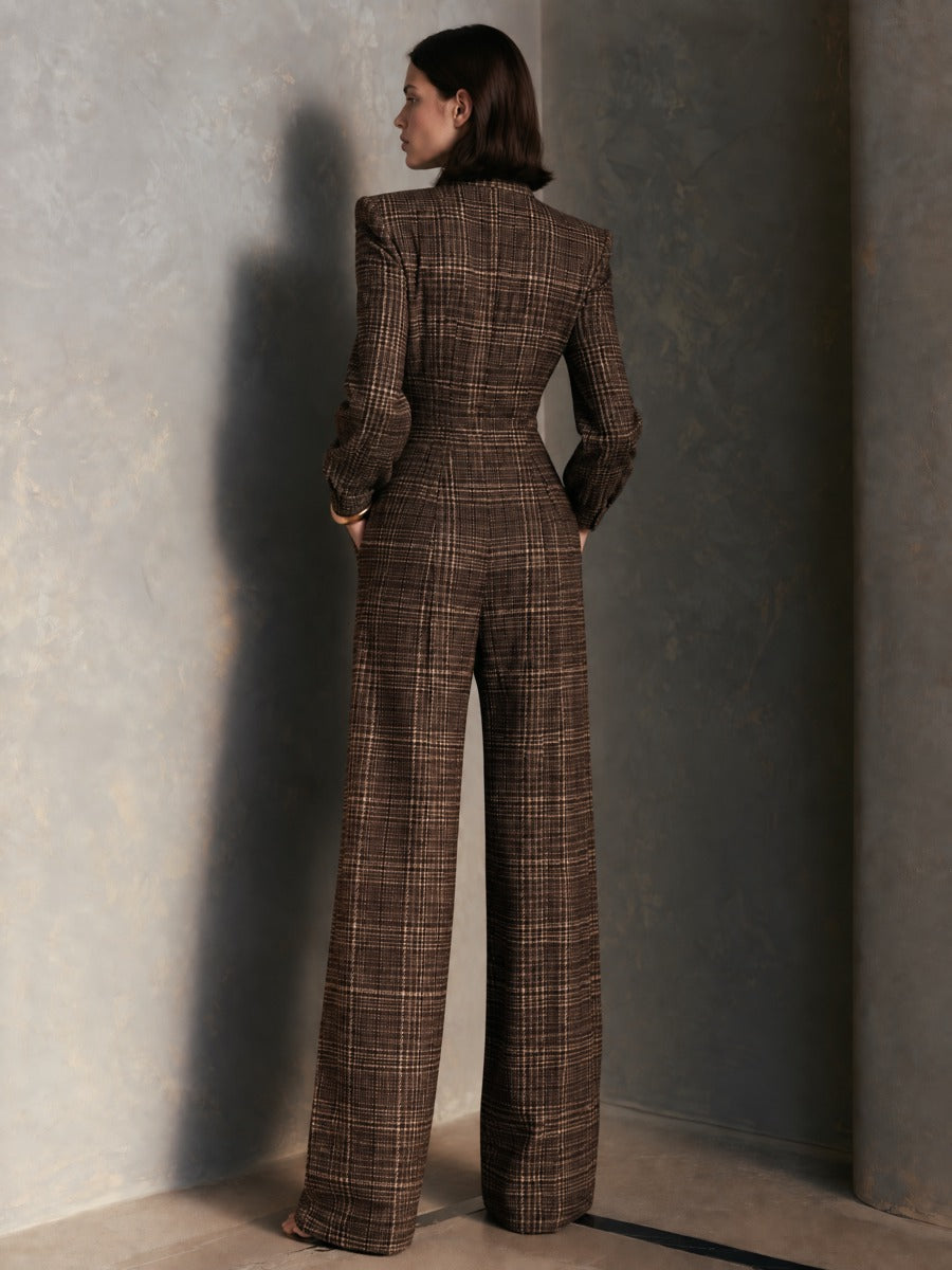 Women's Vintage Plaid Woolen Stand Collar Wide Leg Jumpsuit Long Sleeve Jumpsuit