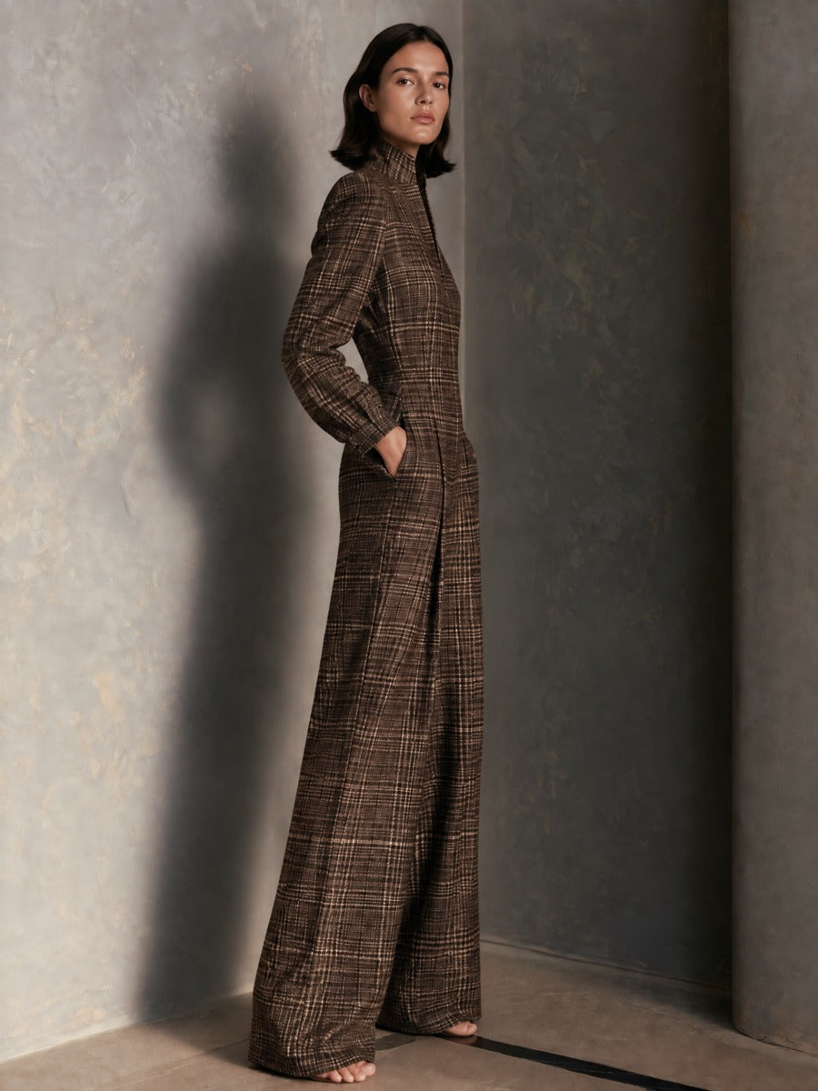Women's Vintage Plaid Woolen Stand Collar Wide Leg Jumpsuit Long Sleeve Jumpsuit