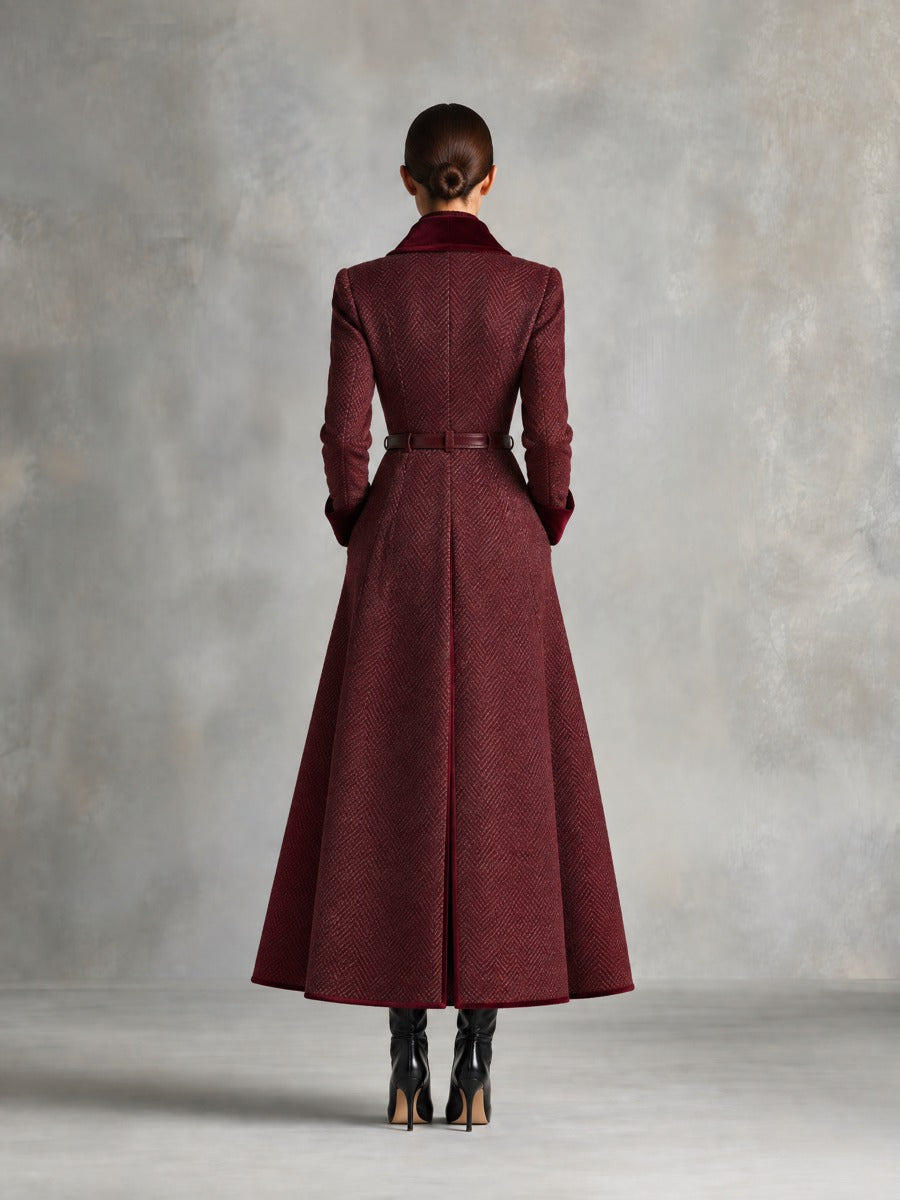 Women's Herringbone Cotton Blend Maxi Coat With Velvet Trim & Belt