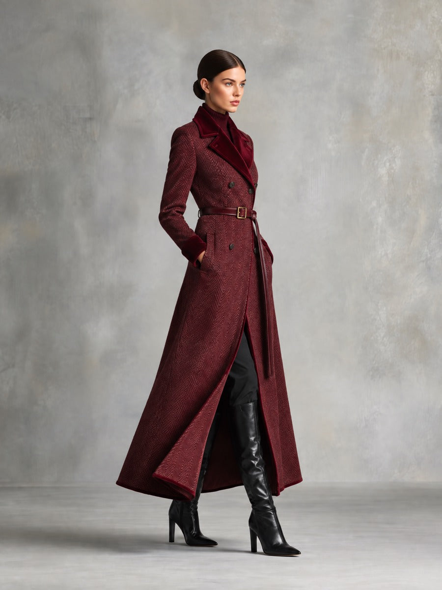 Women's Herringbone Cotton Blend Maxi Coat With Velvet Trim & Belt