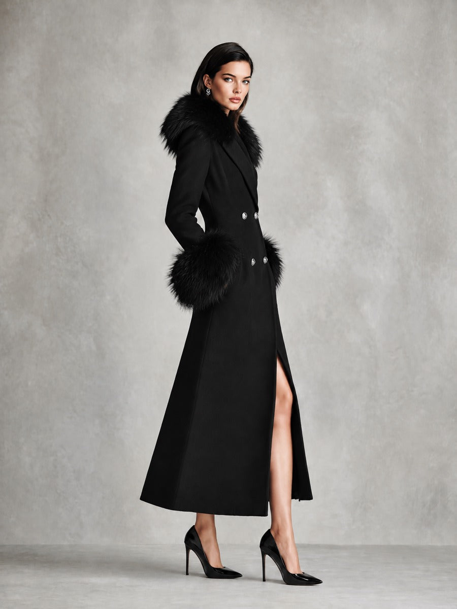 Women's Elegant Faux Fur Trim Double-Breasted Long Coat