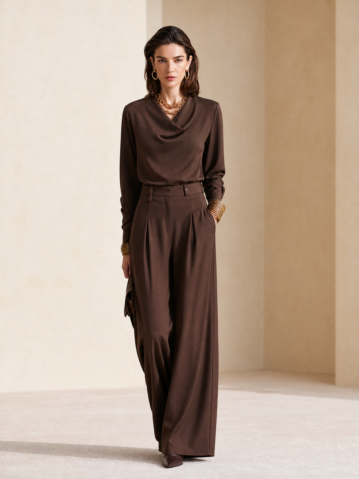 Women's Cowl Neck Wide-Leg Brown Pants Set