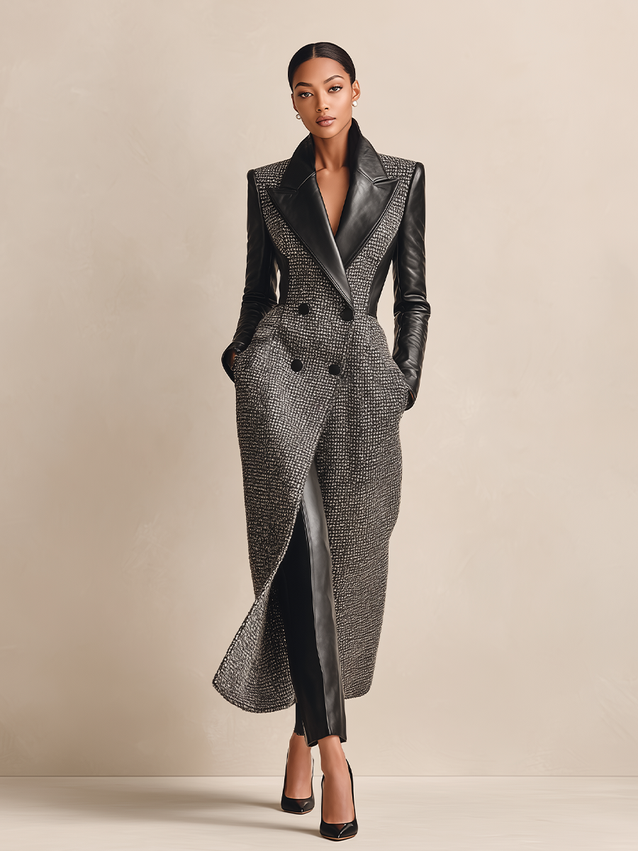 Women's Waist Fit Tweed Leather Lapel Coat