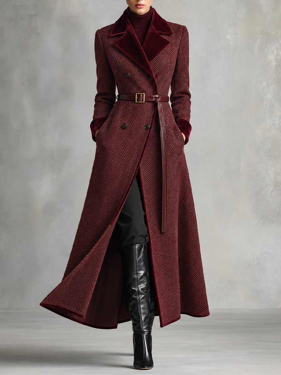 Women's Herringbone Cotton Blend Maxi Coat With Velvet Trim & Belt