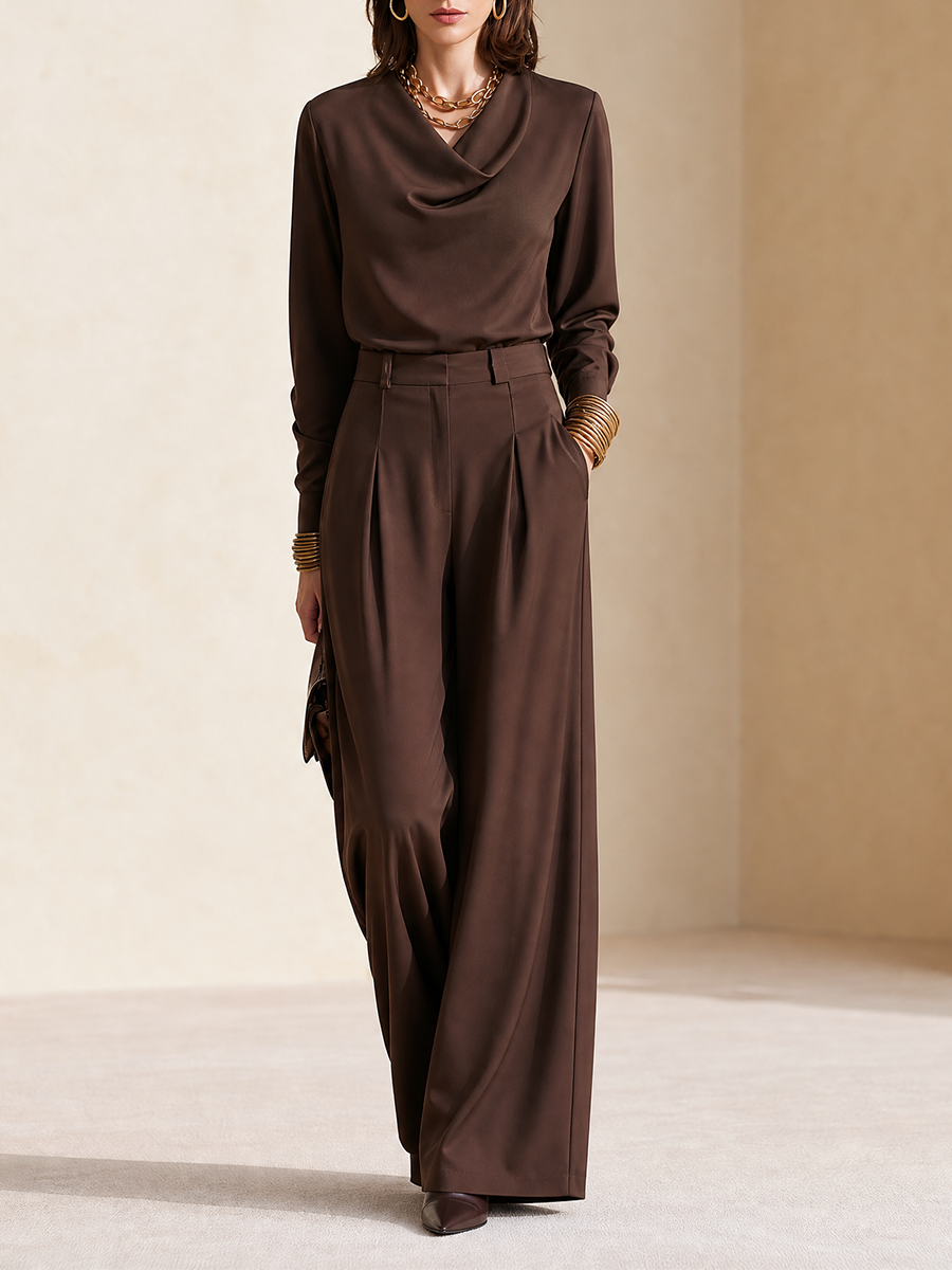 Women's Cowl Neck Wide-Leg Brown Pants Set