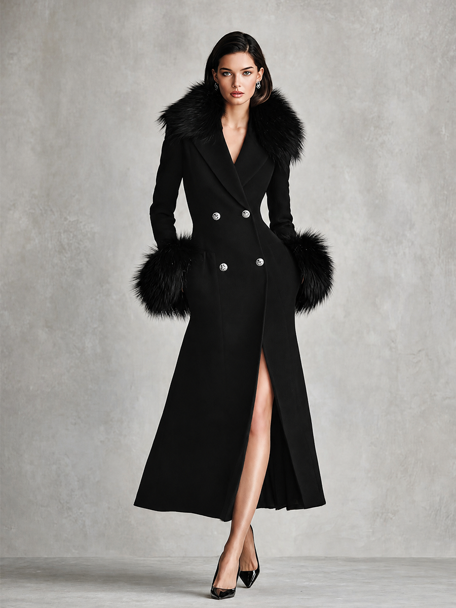 Women's Elegant Faux Fur Trim Double-Breasted Long Coat
