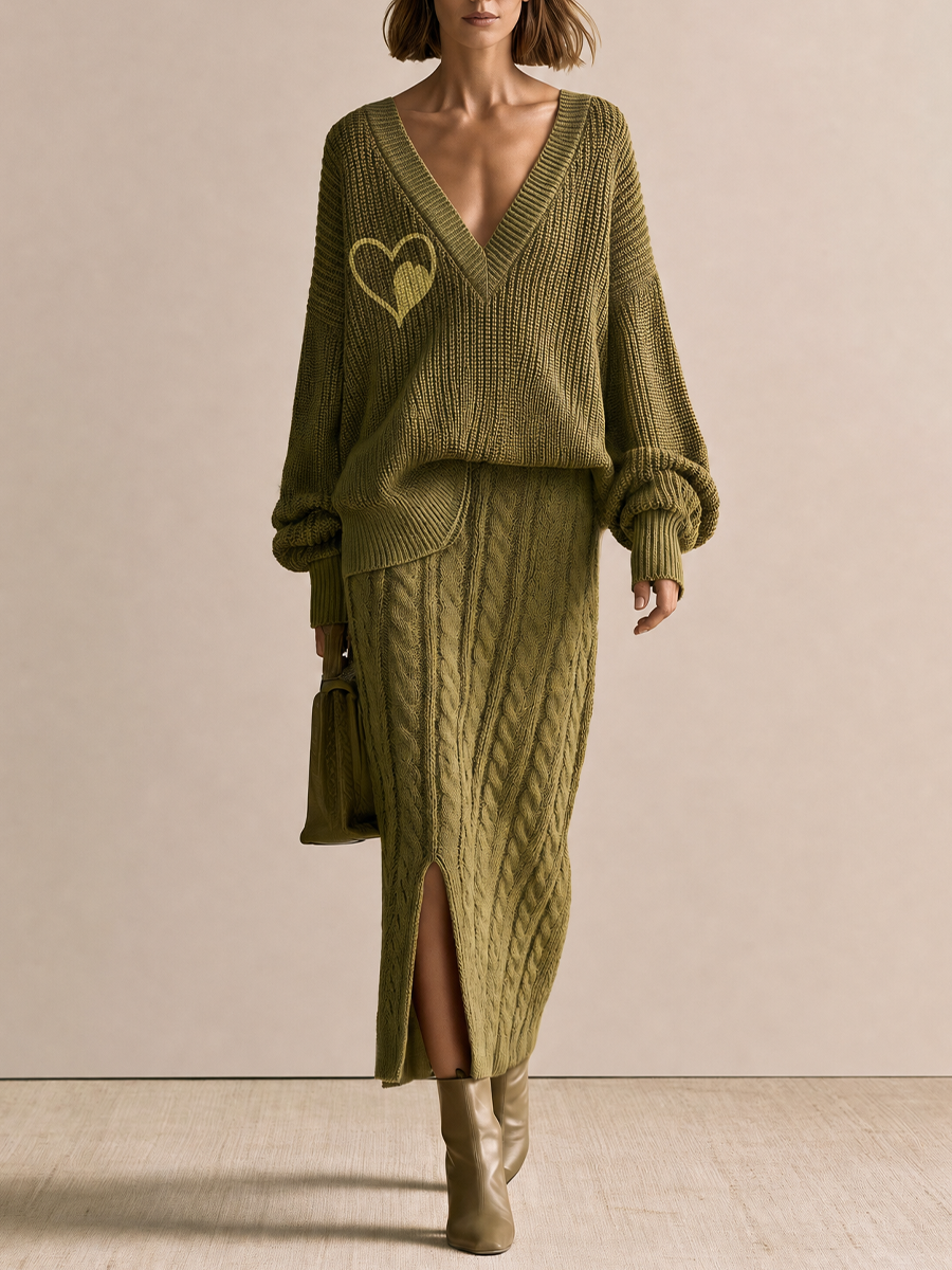 Women's Heart Detail V-Neck Olive Knit Sweater