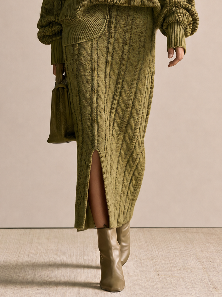 Women's Oversized V-Neck Heart Embroidery Sweater & Cable Knit Midi Skirt Set