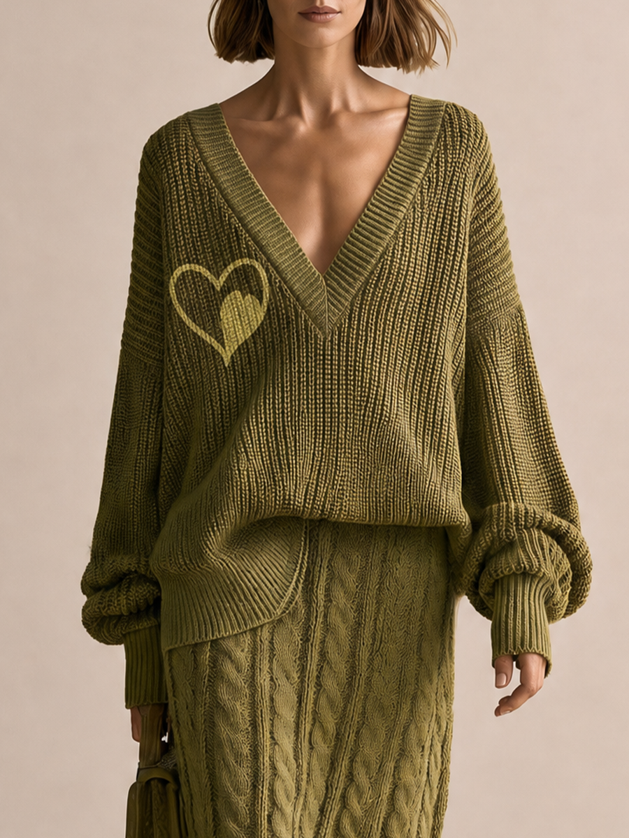 Women's Heart Detail V-Neck Olive Knit Sweater